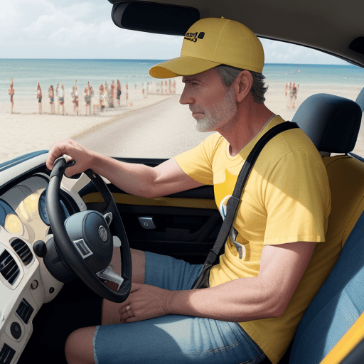 AI generated: White man, 40 to 50 years old, wearing denim shorts and a yellow t-shirt, black cap, inside the car,...