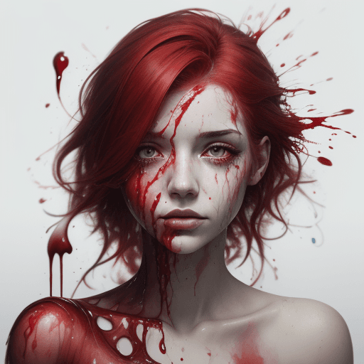 AI generated: A half body portrait of a woman made of blood, half body is submerged in blood, red hair depicting a...
