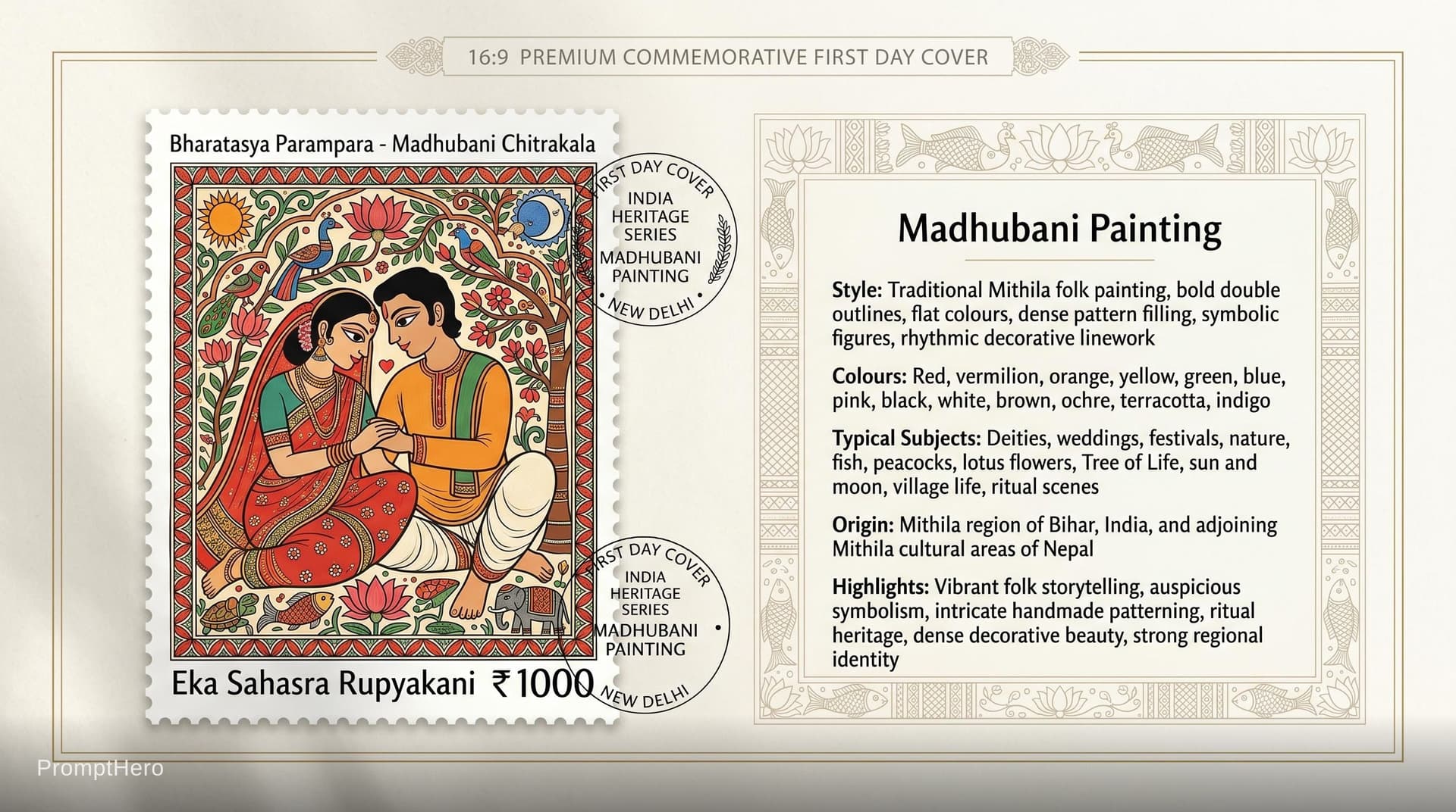 AI generated: Create a 16:9, 4K premium commemorative First Day Cover envelope inspired by India Post heritage des...