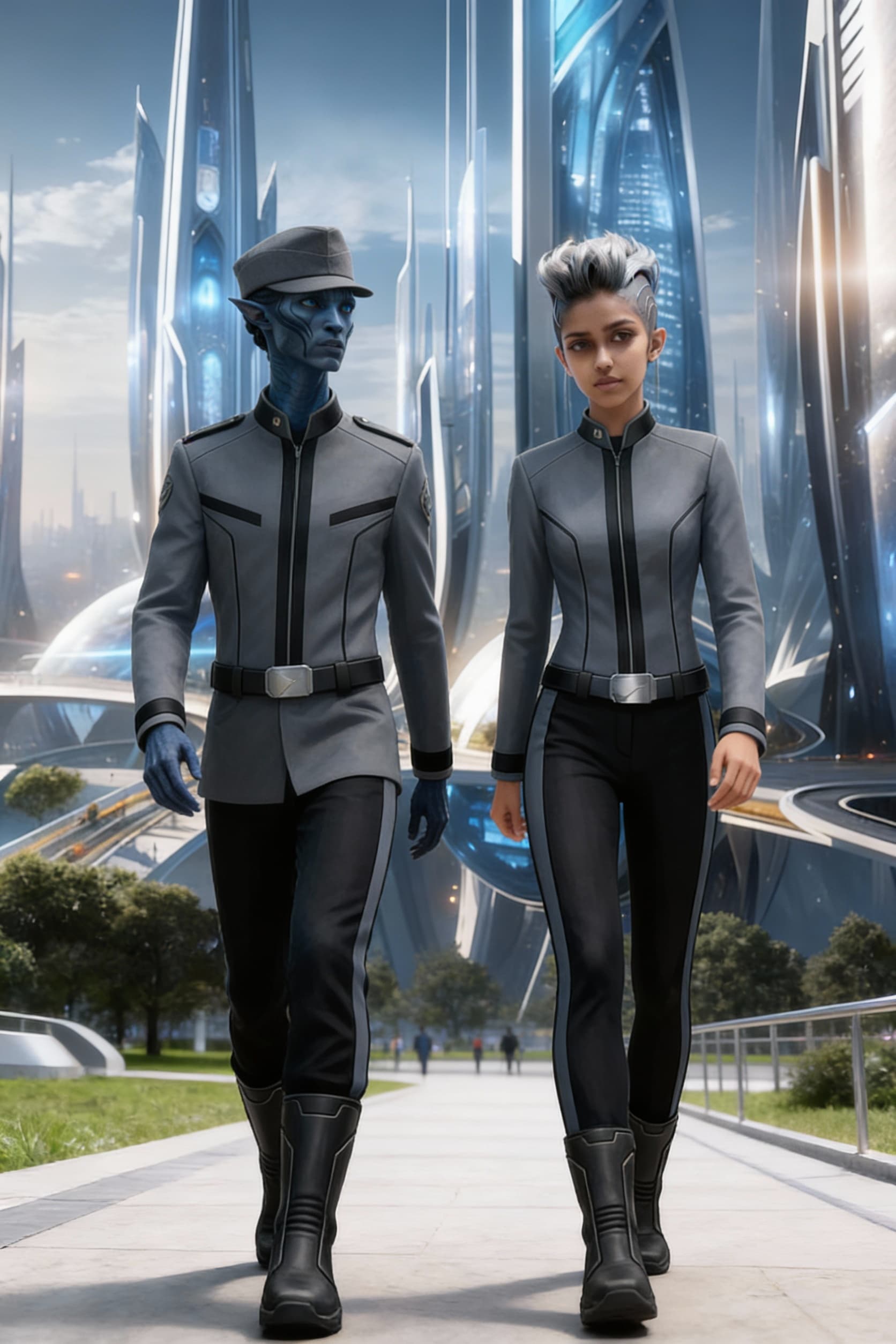 AI generated: Create Sci-Fi images. Use the characters in reference images 1 and 2. Place then in the Uniforms of ...