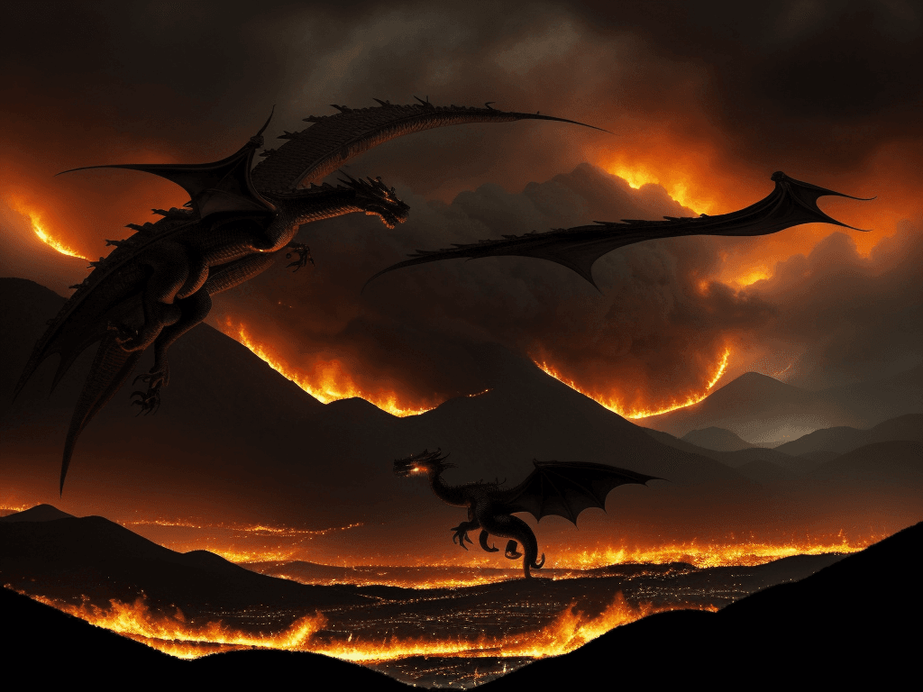 AI generated: a dramatic scene of a dragon flying over a burning village, set against a backdrop of towering mount...