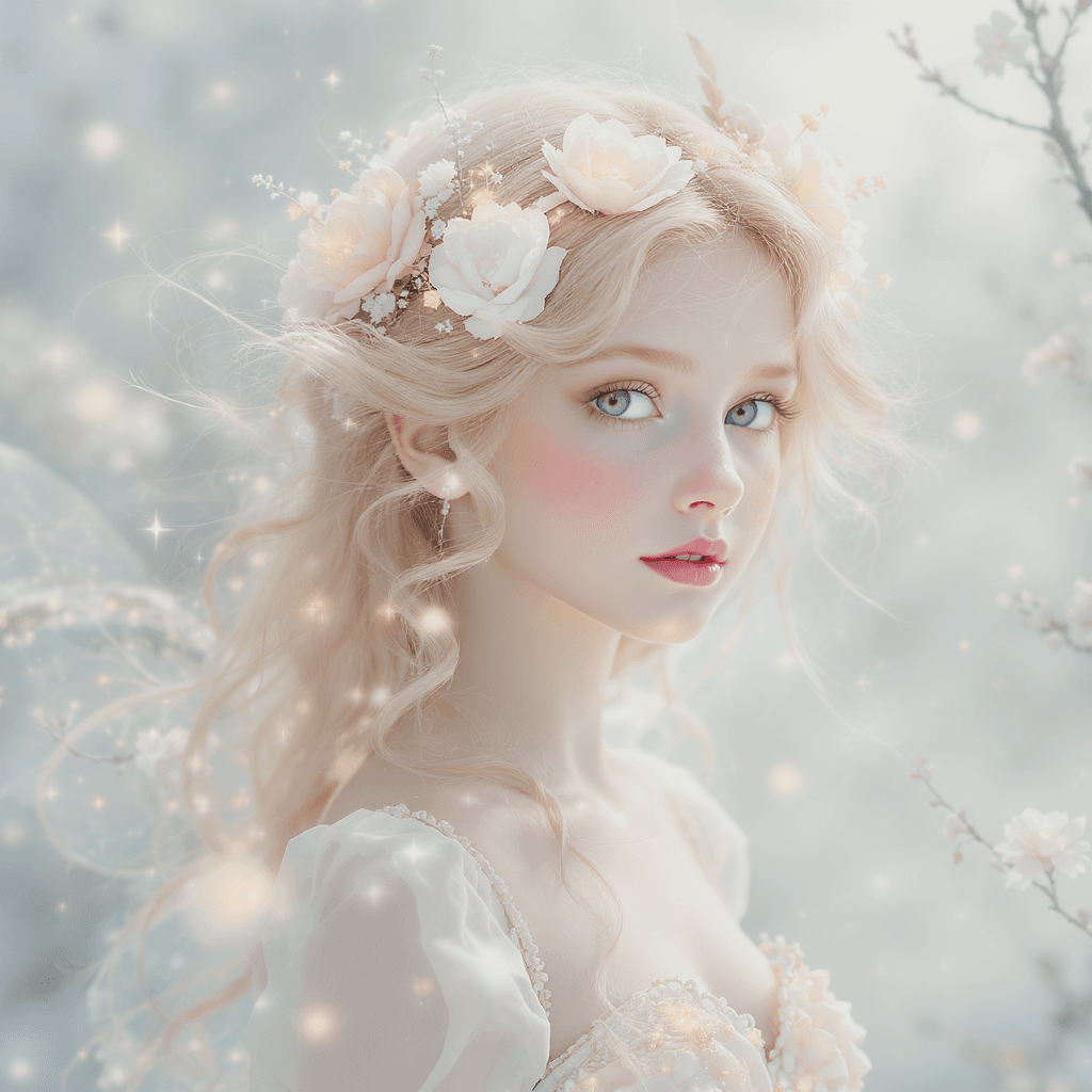 AI generated: A radiant fairy-like girl with delicate and innocent facial features, soft pastel-colored hair glowi...