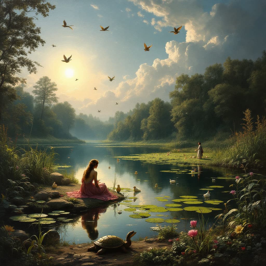 AI generated: A Renaissance oil painting in the style of the Dutch Masters of an isolated pond with the sun shinin...