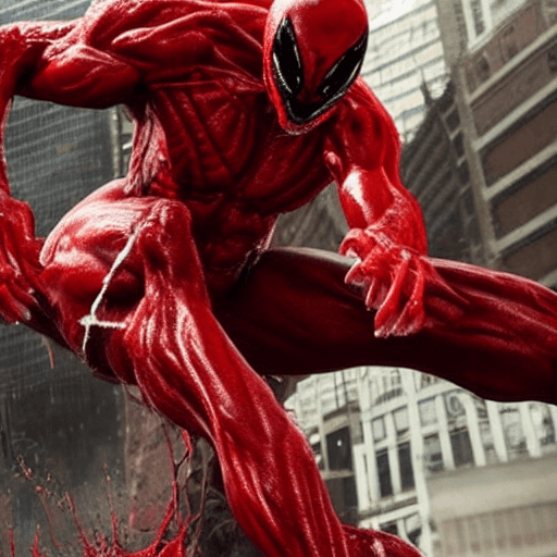 AI generated: Hyper realistic eye level carnage from sonys venom  movie