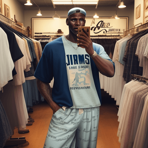 AI generated: PJ's Vintage Store, large letters, Micheal Jordan, Lebron James