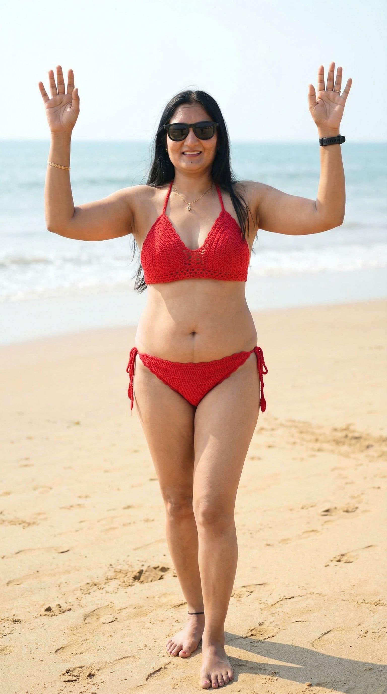 AI generated: Indian women with 45 years old age.She wears a red crochet bikini.raising hands.standing on beach.cl...