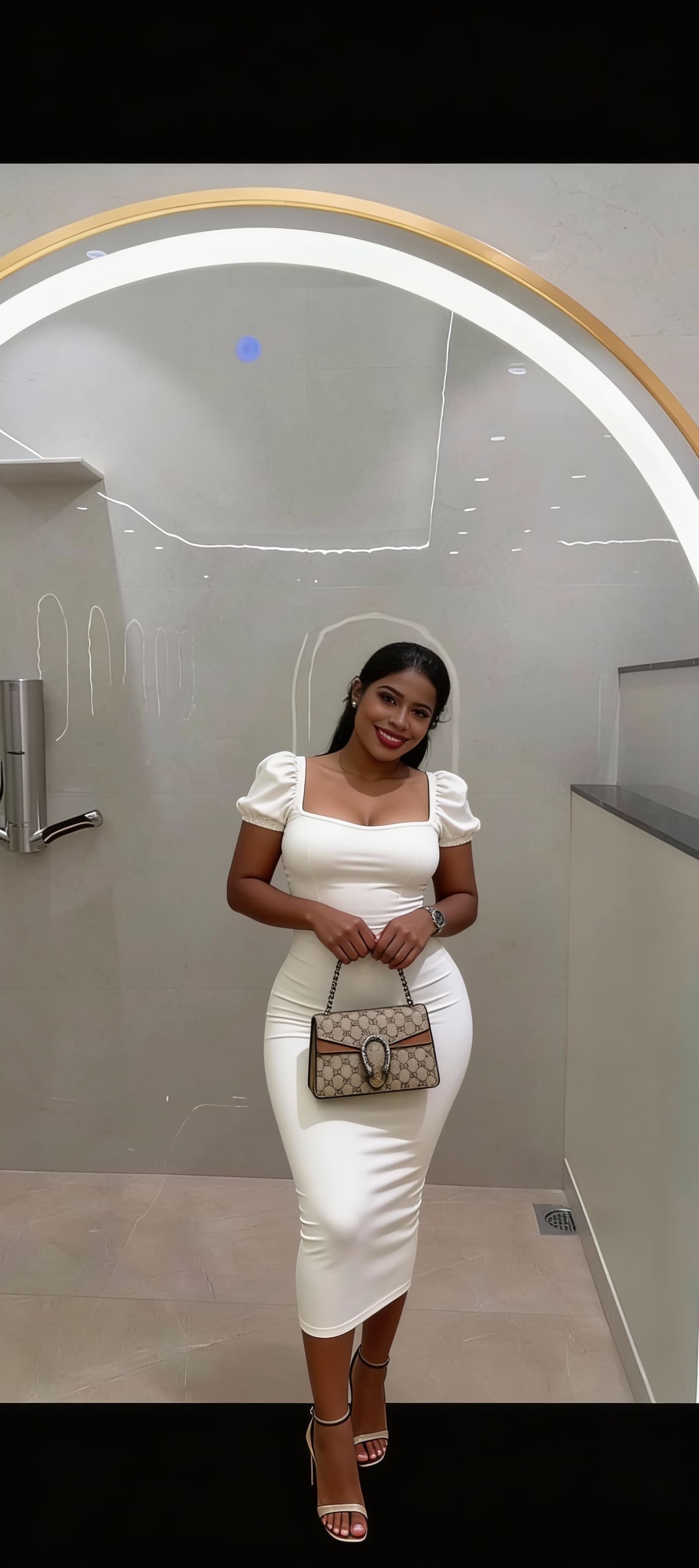 AI generated: She wearing cute party wear body fit one piece dress full length with high heels sandals and clearly...