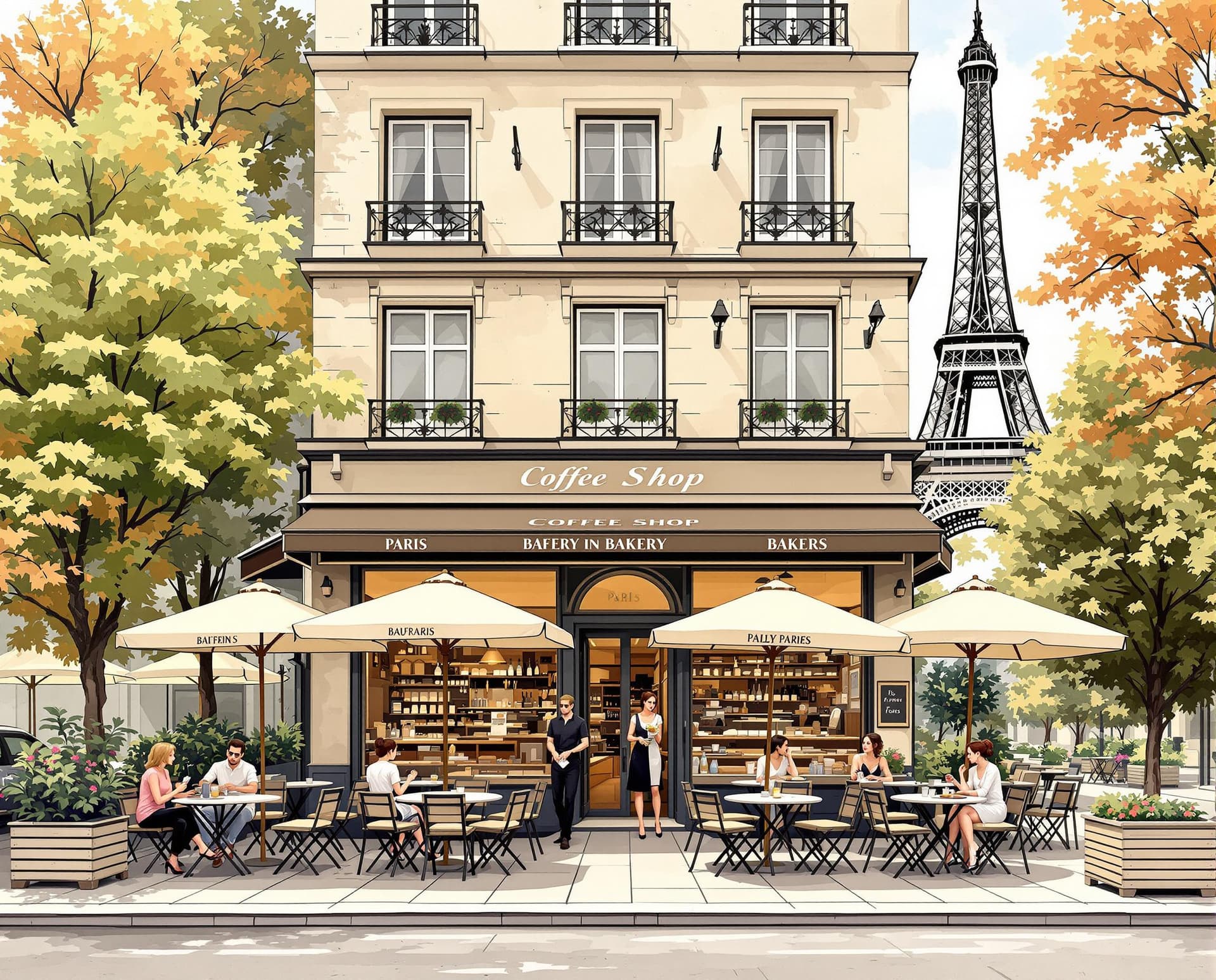 AI generated: Coffee shop as if it’s being in paris, you can draw the  bakery and add Eiffel Tower at the backgrou...