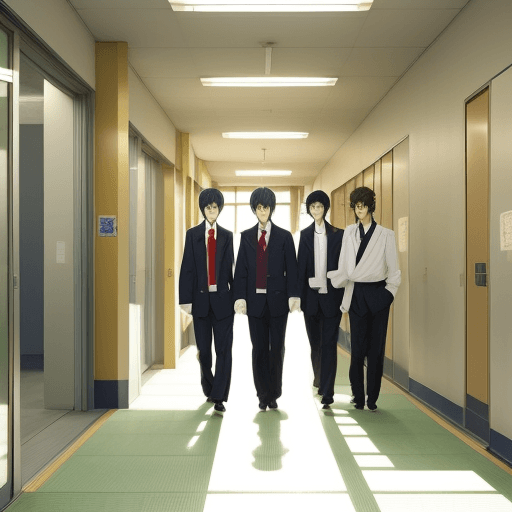 AI generated: charachter in managa anime style japanese 
men in school corridor


