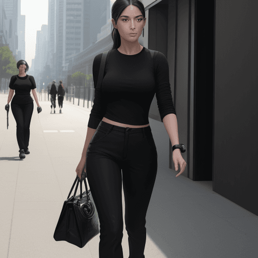 AI generated: The image features a  woman wearing a black shirt and black pants, walking down a street while carry...