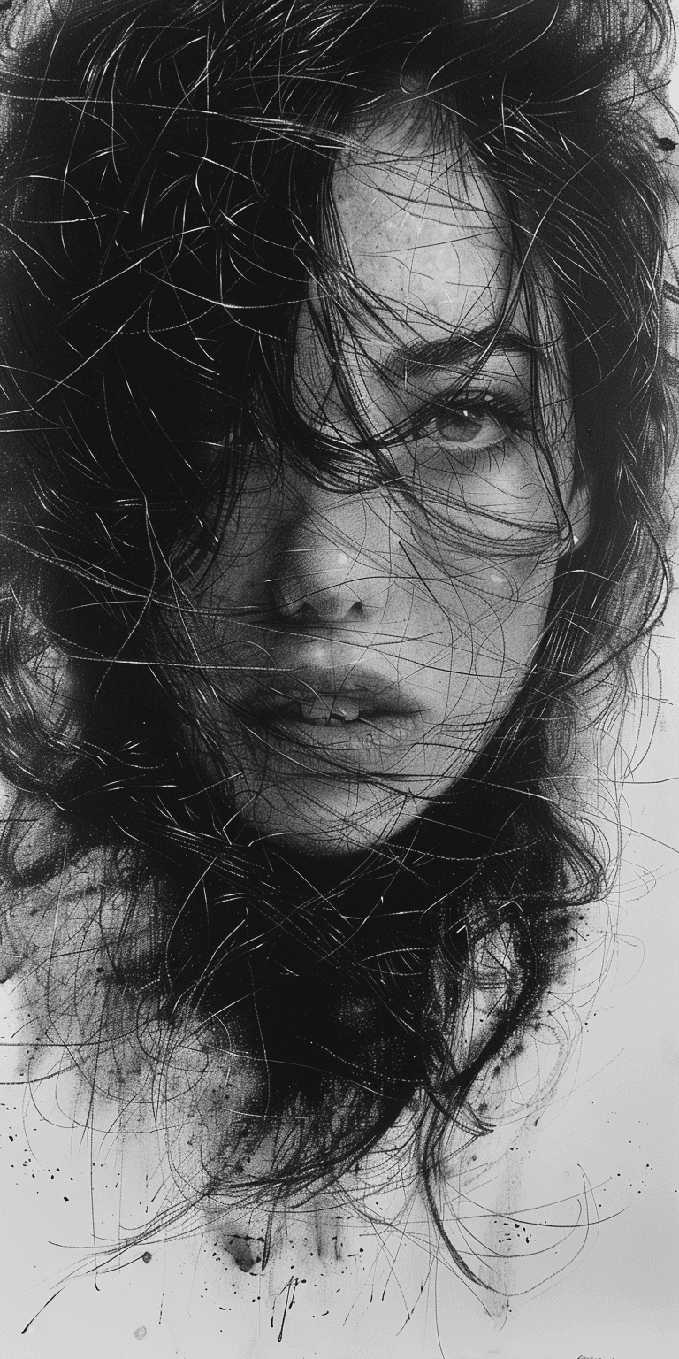 AI generated: charcoal sketch, woman with long hair, hyperdetailed, smudges --ar 1:2 --stylize 750