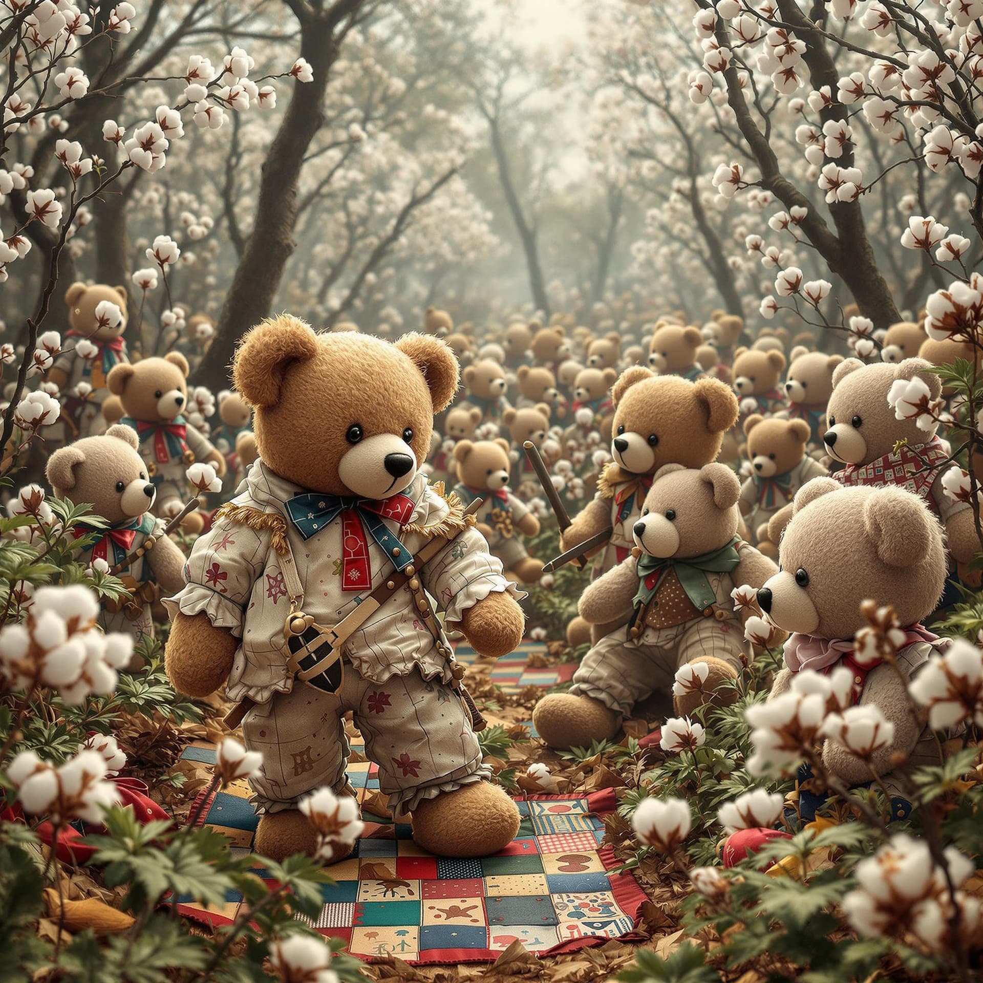 AI generated:  teddy bear army going to war against an army of rag dolls in the fields of patchwork quilts surroun...