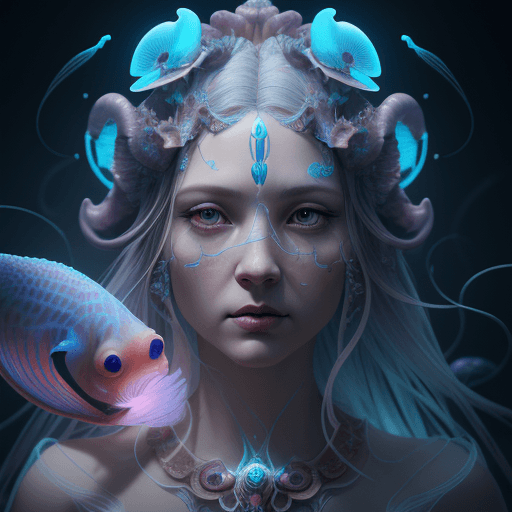 AI generated: Goddess close-up portrait ribcagel. jellyfish phoenix head, nautilus, orchid, skull, betta fish, bio...