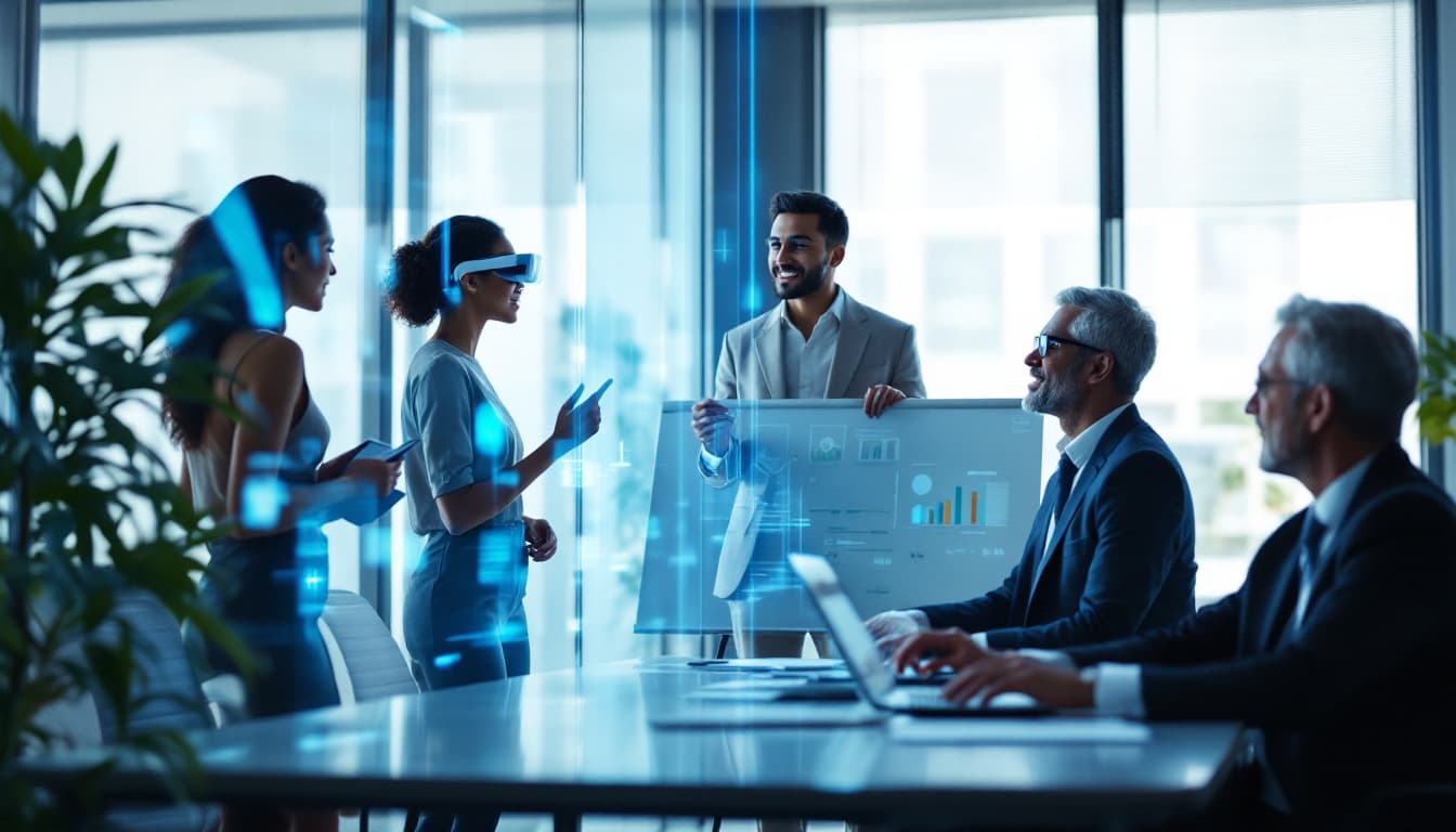 AI generated: /imagine prompt: Diverse professional team in modern office, 35-year-old Indian woman presenting on ...