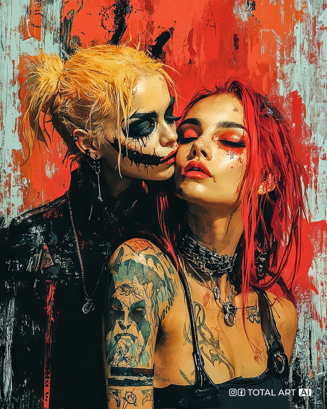 AI generated: A punk rock female vampire biting a tattooed woman, the vampire is behind the woman, they are both f...