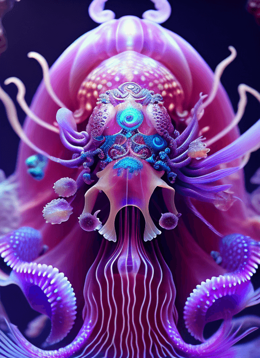 AI generated: Goddess close-up portrait ribcagel. jellyfish phoenix head, nautilus, orchid, skull, betta fish, bio...