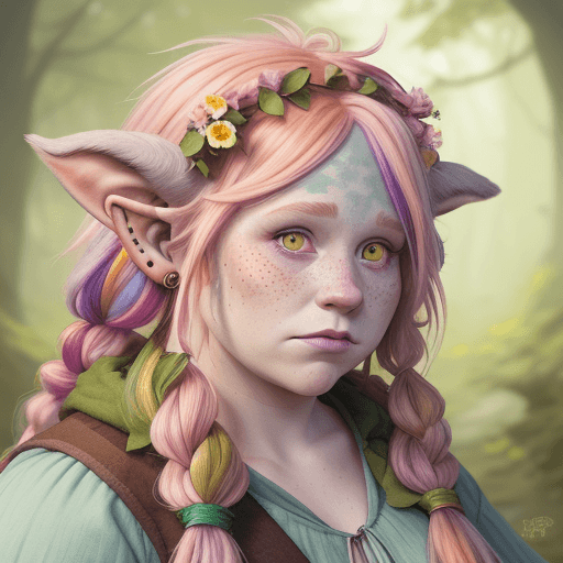AI generated: Firbolg, female, pastel colors, druid, hyper realism, high Detail, freckles, dungeons and dragons, c...
