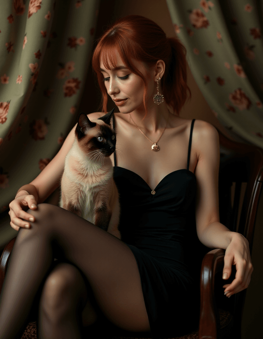 AI generated: Half body shot of a woman in a studio setting, with a relaxed yet poised expression. she has a pale ...