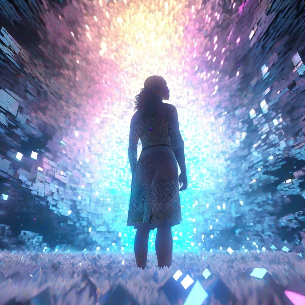 AI generated: gradients of light shockingly powerful figure standing amongst a cloud of fragmented memories, ultra...