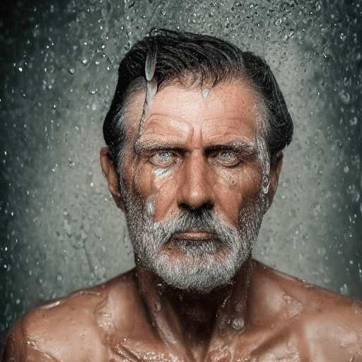 AI generated: Old man, wet brown hair, with splash of water hit over his face, serious, masculine, heroic, with fa...