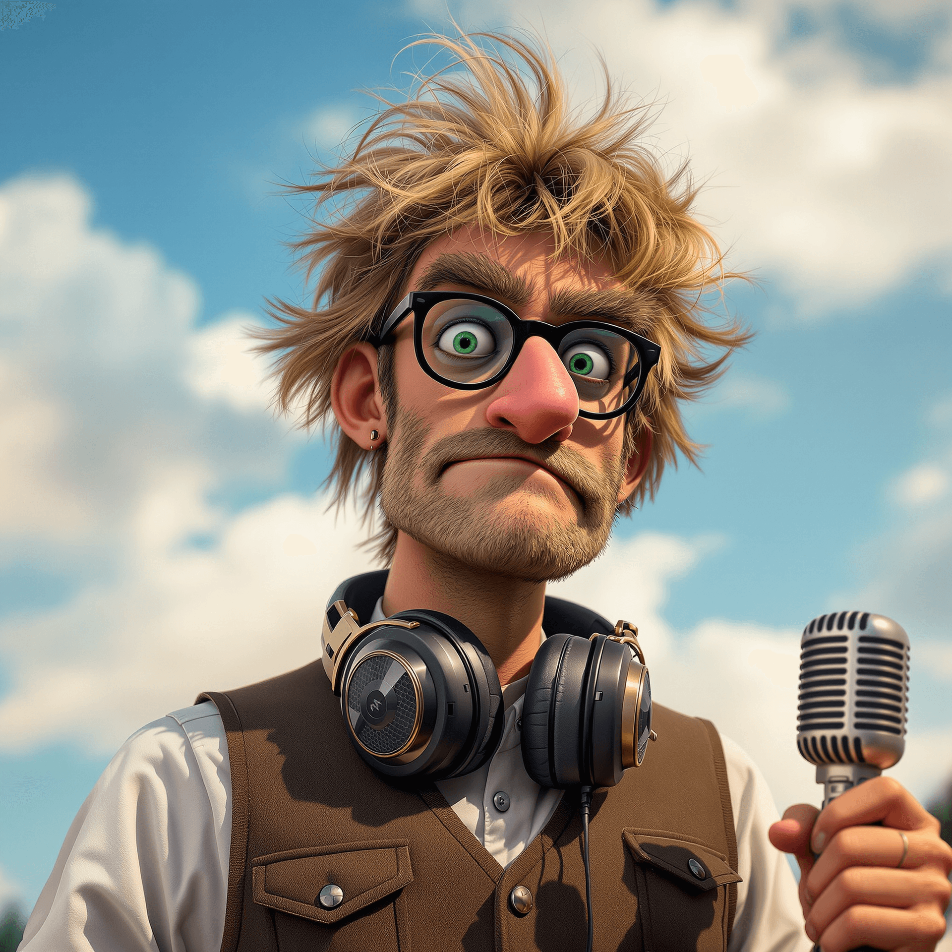 AI generated: A tall, slender male photographer in his 30s with a long, distinctive nose and expressive, bushy eye...