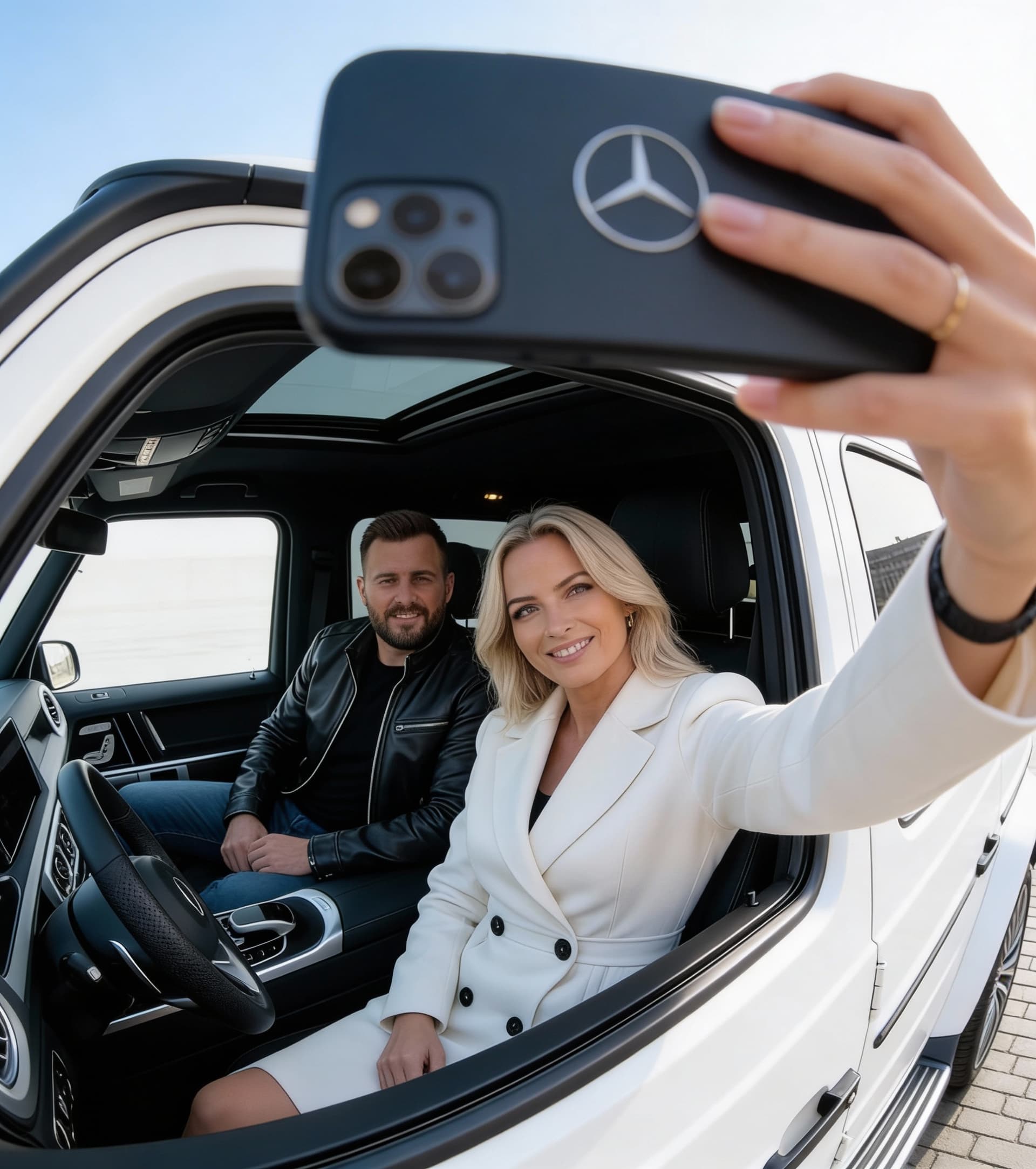 AI generated: his selfie inside the mercedes view that the phone makes