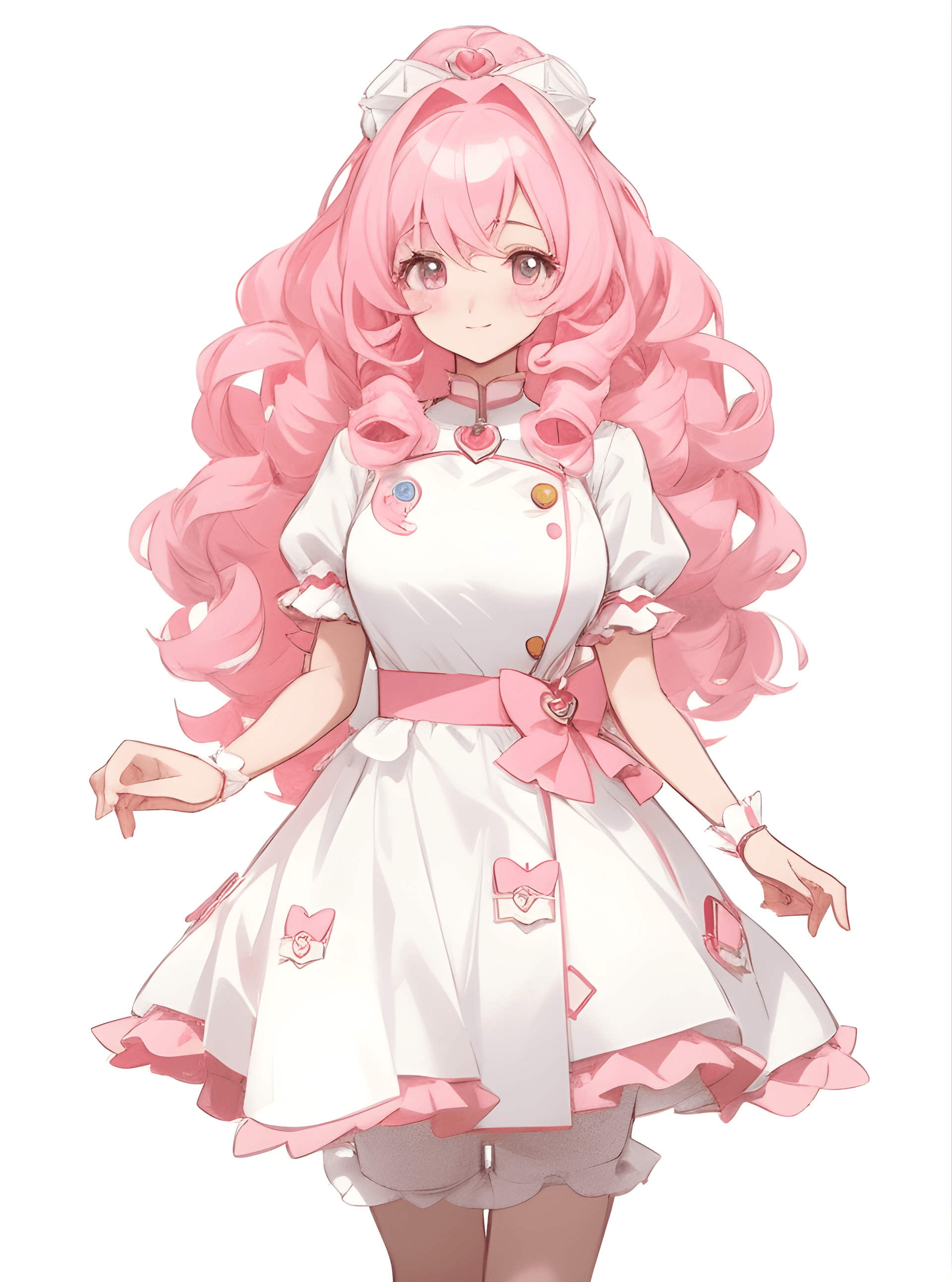 AI generated: a woman with pink hair wearing a white dress, an anime drawing, with curls, single character full bo...