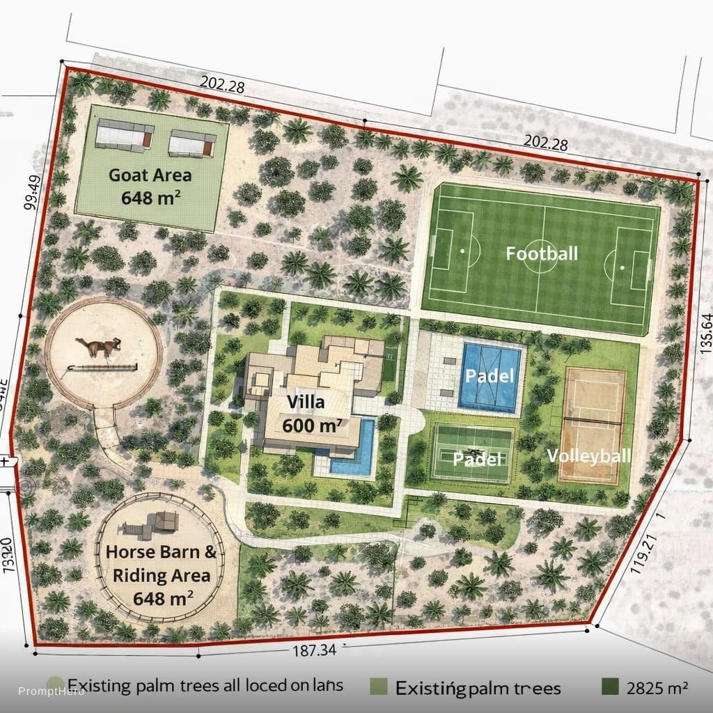 AI generated: I want layout on the land site details with exact measurements of the distribution,  villa 600 sq mt...