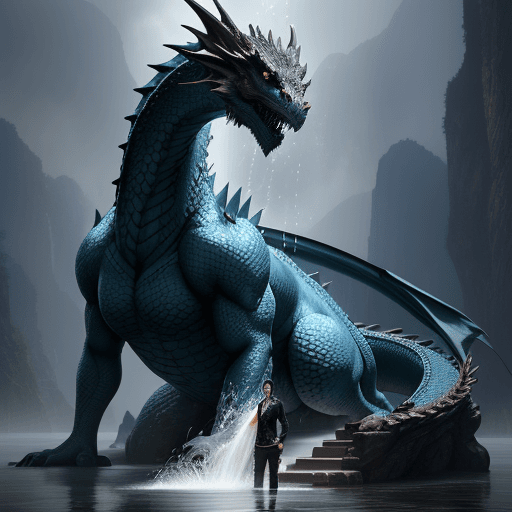 AI generated: a beautiful men standing in front of a dragon with water pouring, in the style of gongbi, mysterious...