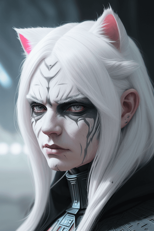 AI generated: man Sith lord from STAR WARS, white hair, cat ears, beautiful face, detailed face, hyperdetailed, ma...