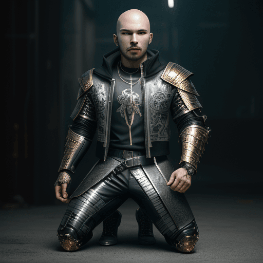 AI generated: kneeling dog pitbull knight, wearing cyberpunk thor jacket gold dark, portrait, finely detailed armo...