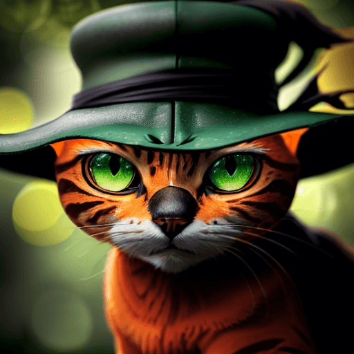AI generated: orange cat, green eyes,hat, day, hayao miyazaki style, 8k, hd, contour light, high contrast, depth o...