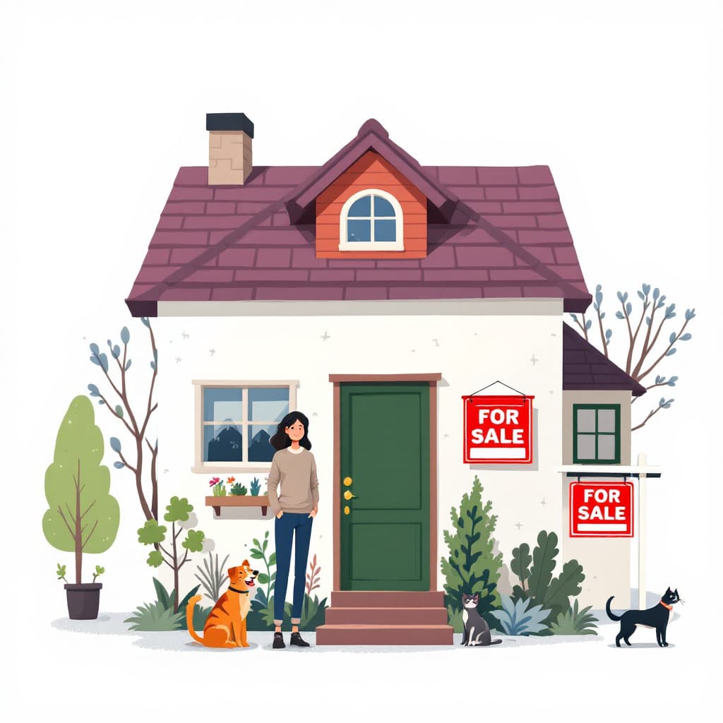 AI generated: house with person in front with a dog and cat next to them. The house has a big sign that sayas "FOR...