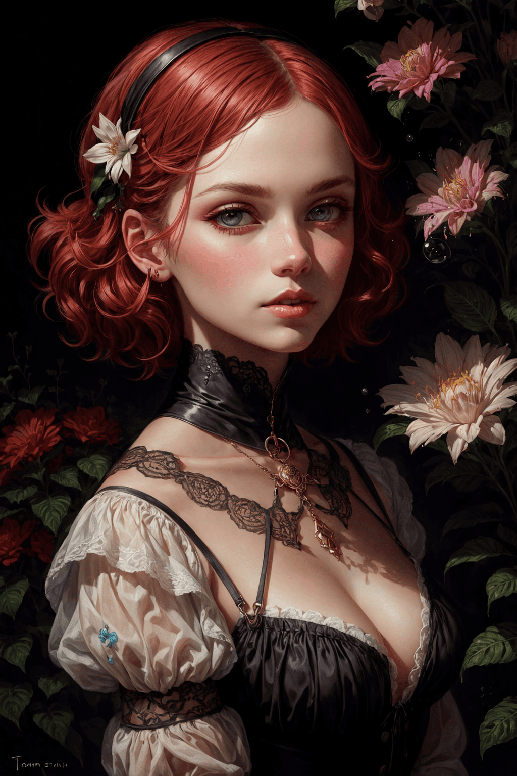 AI generated: portrait of Victorian 80s punk woman with red hair, a splash of pastel colors, plants, and flowers, ...