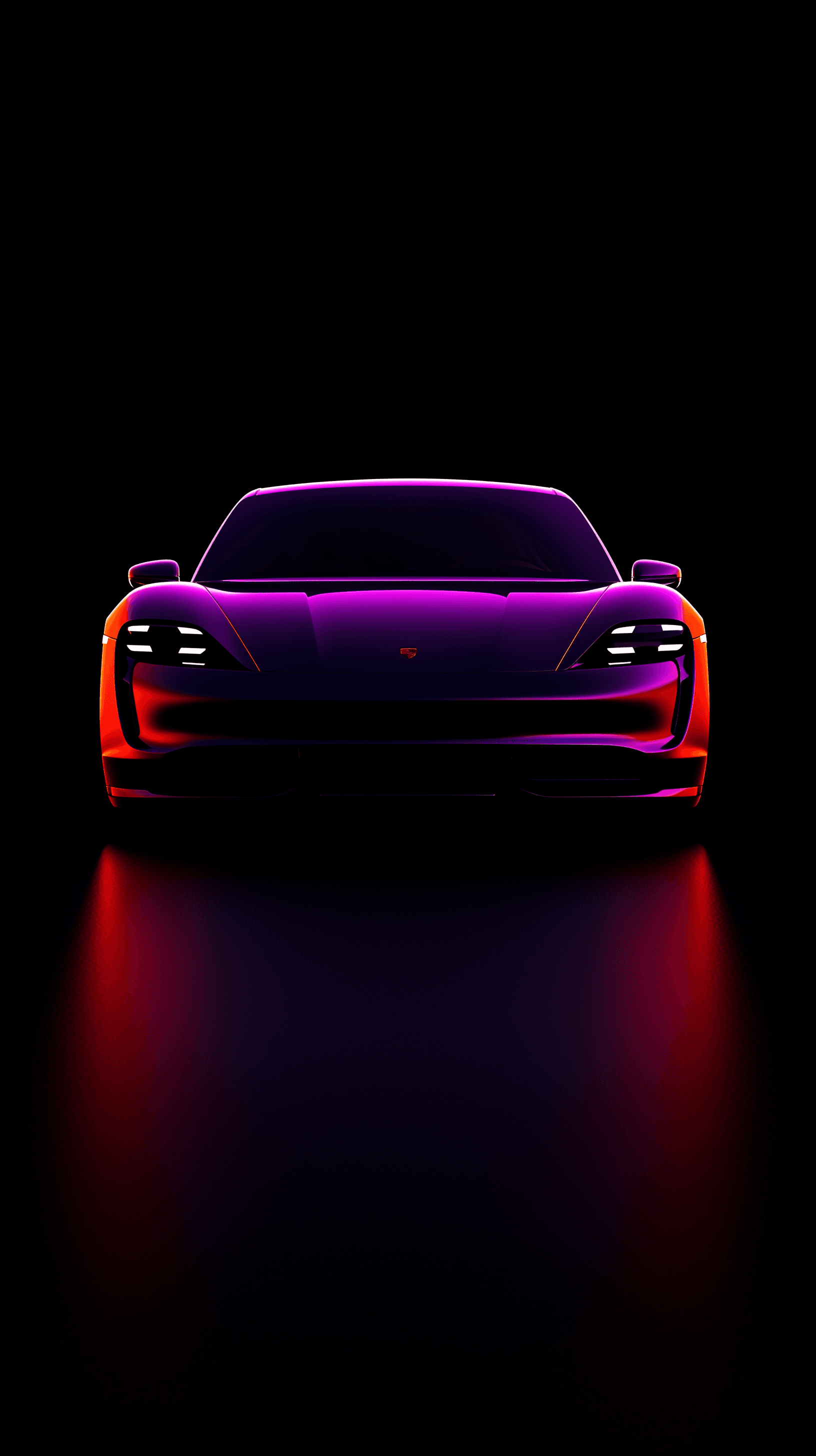 AI generated: conceptual photo, high resolution, front shot, porche Taycan, purple material, dark backdrop, sensuo...