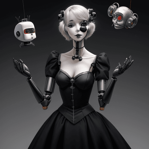 AI generated: Une main robotisée de cyborg manipule une marionnette humaine sur fond noir. Homme d'affaires marion...