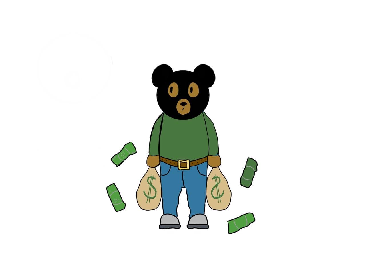 AI generated: A plush teddy bear with a black mask holding sacks of cash with dollar bills flying over the place