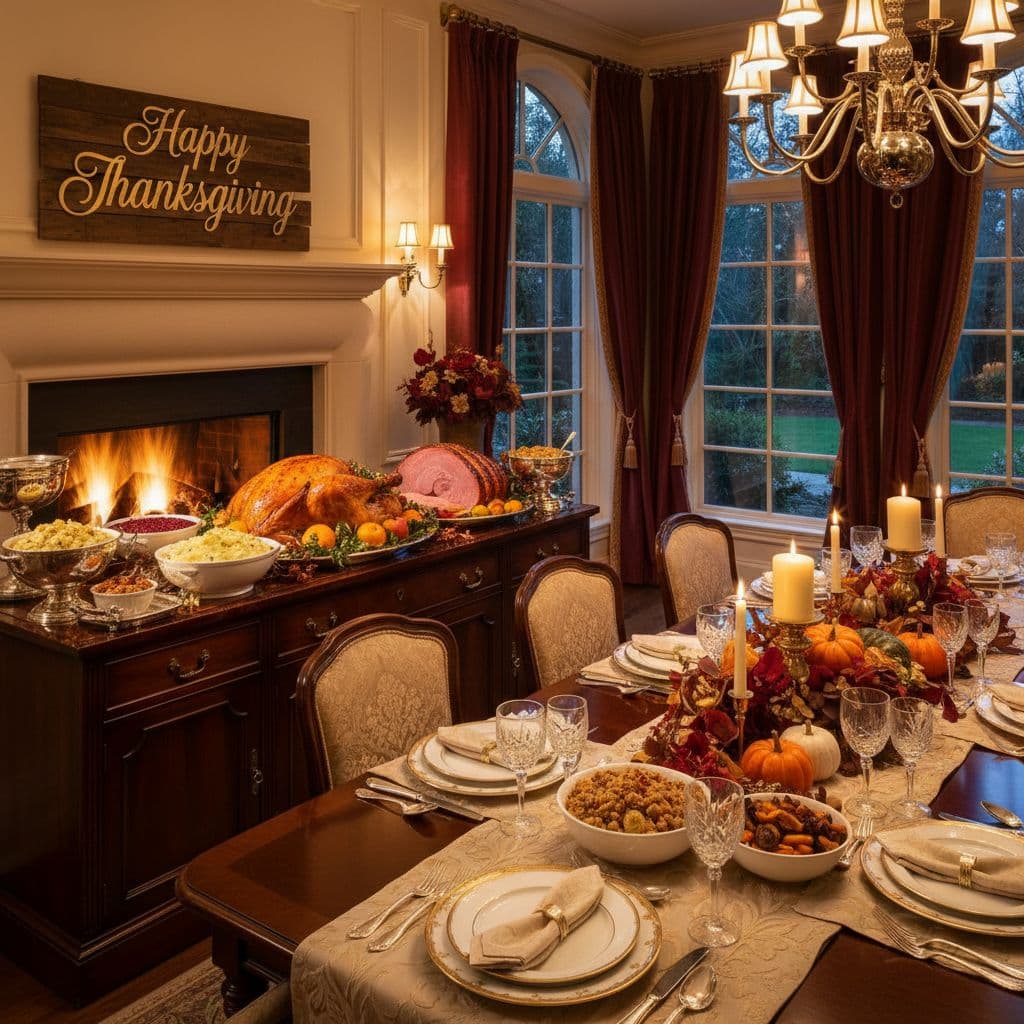AI generated: A warmly lit, elegant dining room featuring a realistic and beautifully arranged Thanksgiving buffet...