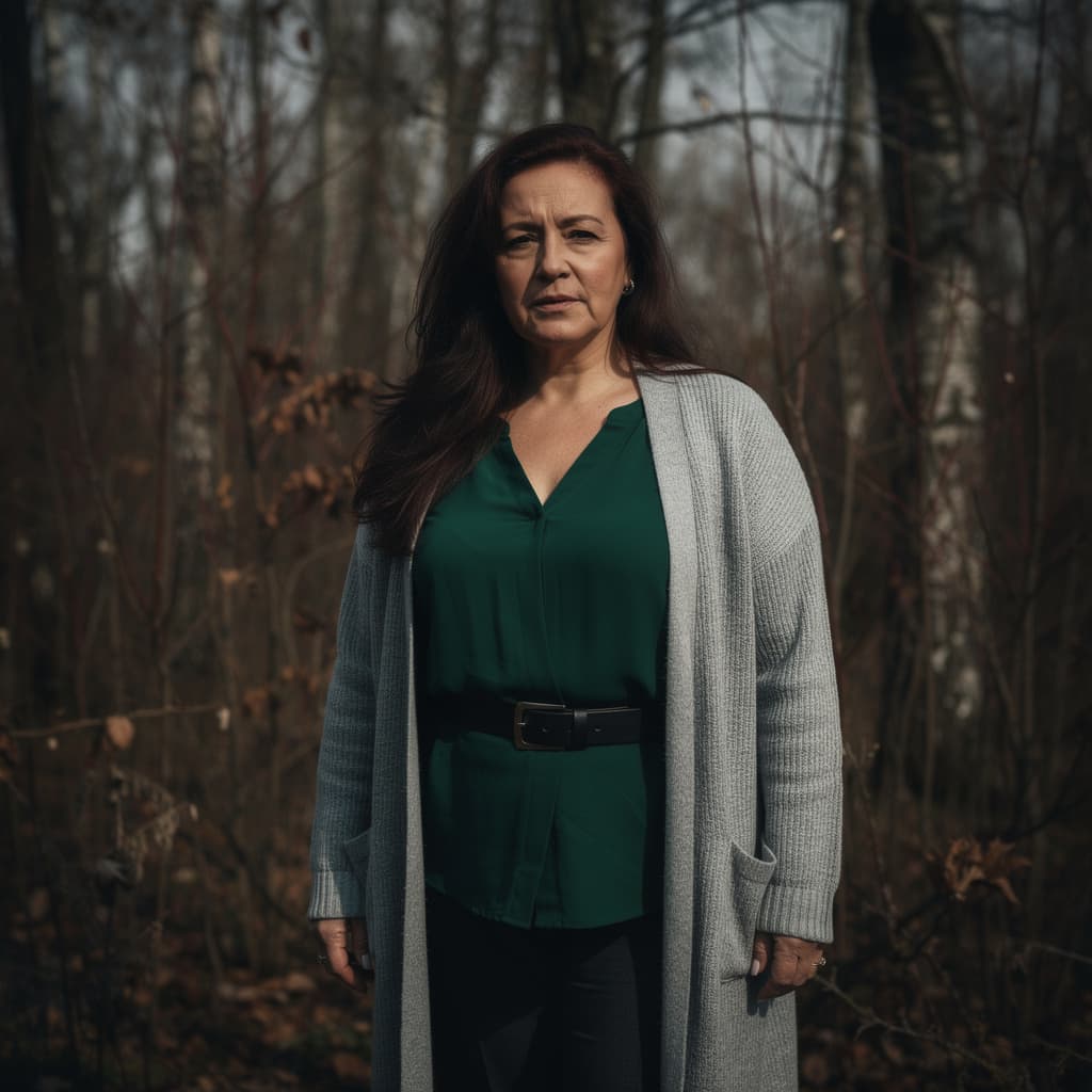 AI generated: cinematic image with dark shadows and high contrast,

A middle-aged woman with long, dark brown hair...