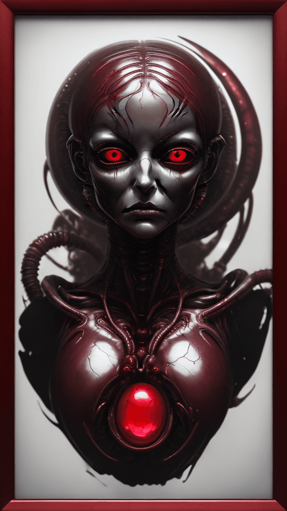 AI generated: ultra HD "complex-inducing ((Alien:2.2)) RFKTR-style headshot framed transparent ruby red in the sty...