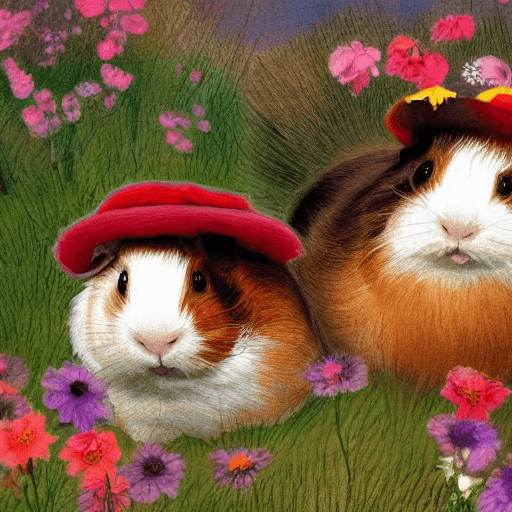 AI generated: two guinea pigs in love, wearing colorful hats,dramatic light, pale sunrise, many colourful flowers,...
