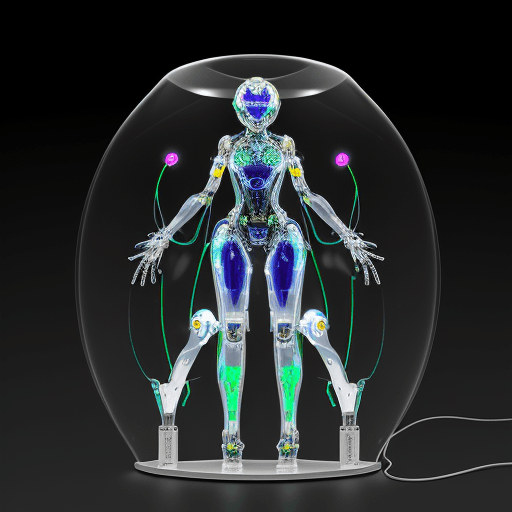 AI generated:  fully transparent robot, concept design, award winning, polycarbonate, pcb, wires, electronics, ful...