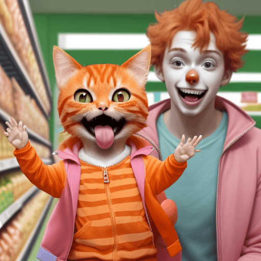 AI generated: A cute orange cat, happy with his arms raised up and his mouth open, wearing a pink jacket and accom...