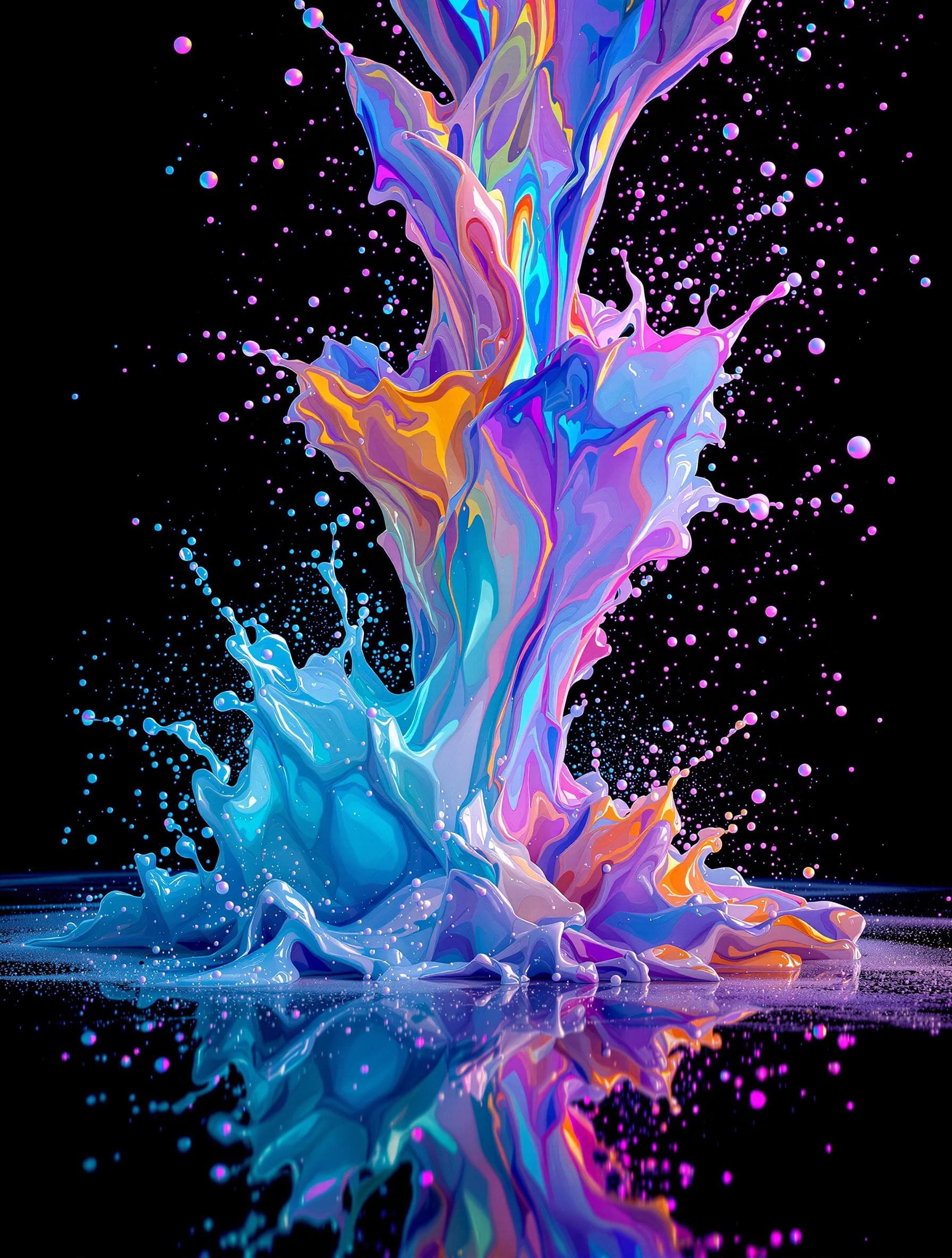AI generated: glowing holographic milky drip, fluid splashes, with powder, black background, hq abstract backgroun...
