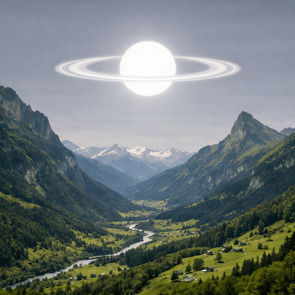 AI generated: a scenic landscape with valleys and really tall mountains covered in lush green but the sky has a mo...