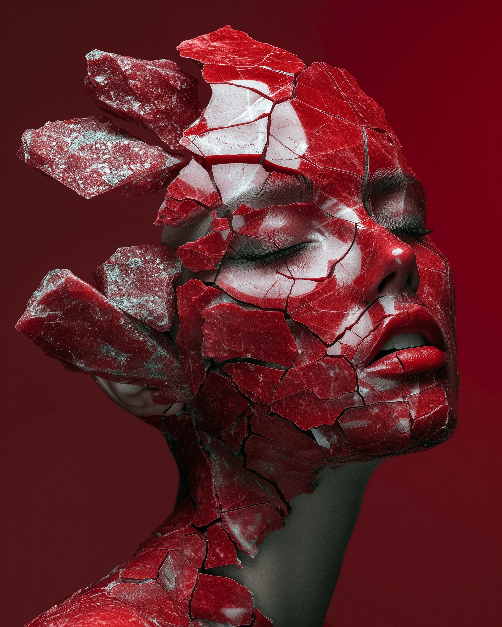 AI generated: beautiful woman, three-quarter head to shoulders portrait, made of red Crystal Geode, Split open, ma...