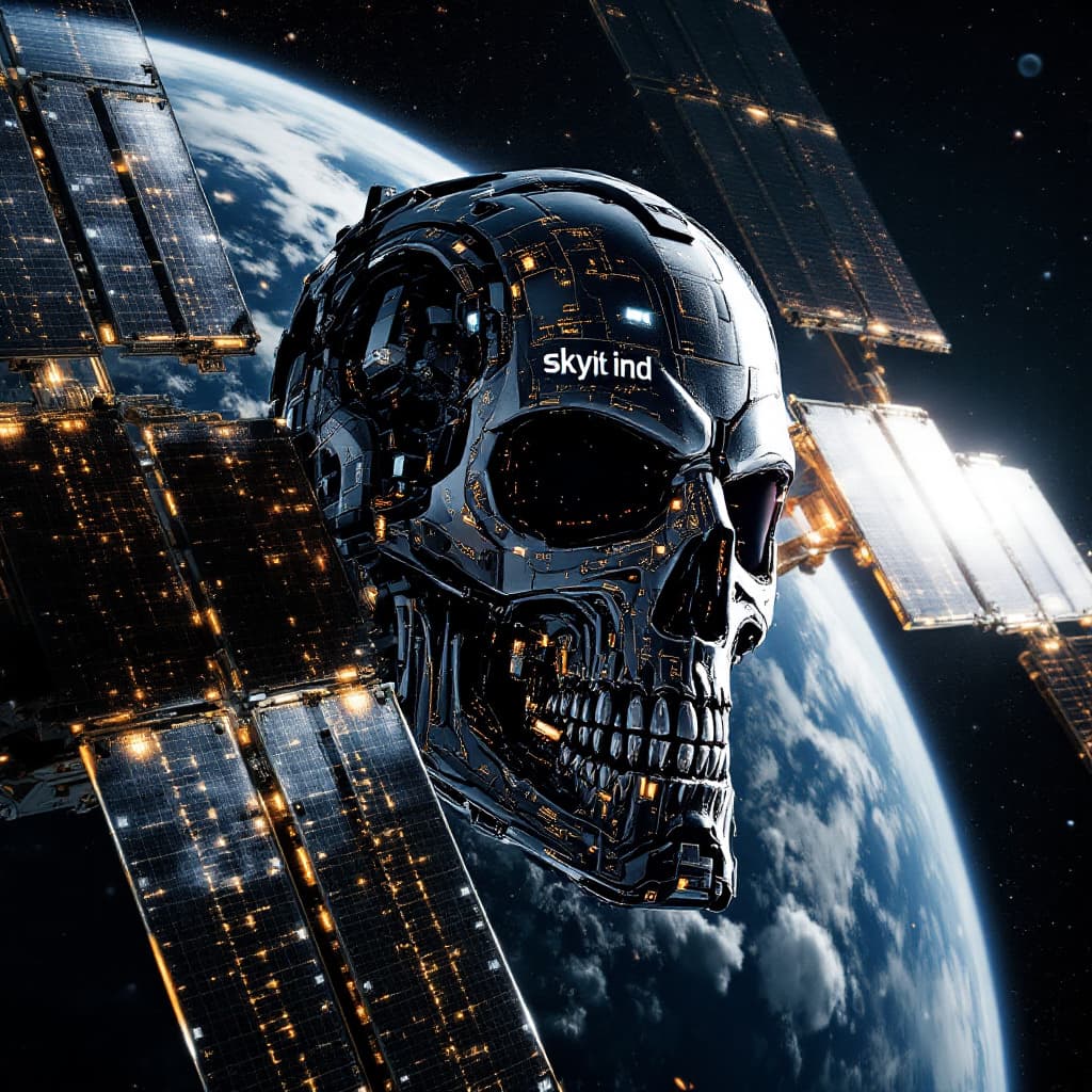 AI generated: a satellite in orbit that is similar to a t-800 terminator's head morphing into a spacecraft , looki...