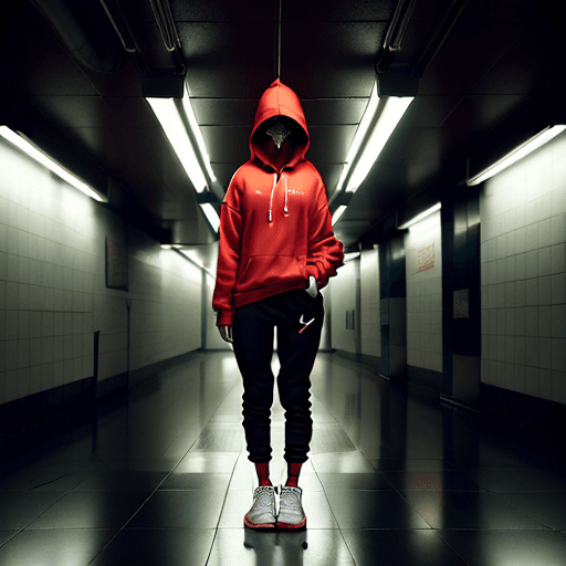AI generated: conceptual phtography, Canon EOS-1D Mark III, aperture of f/5.6, crimson hoodied and crop pants with...