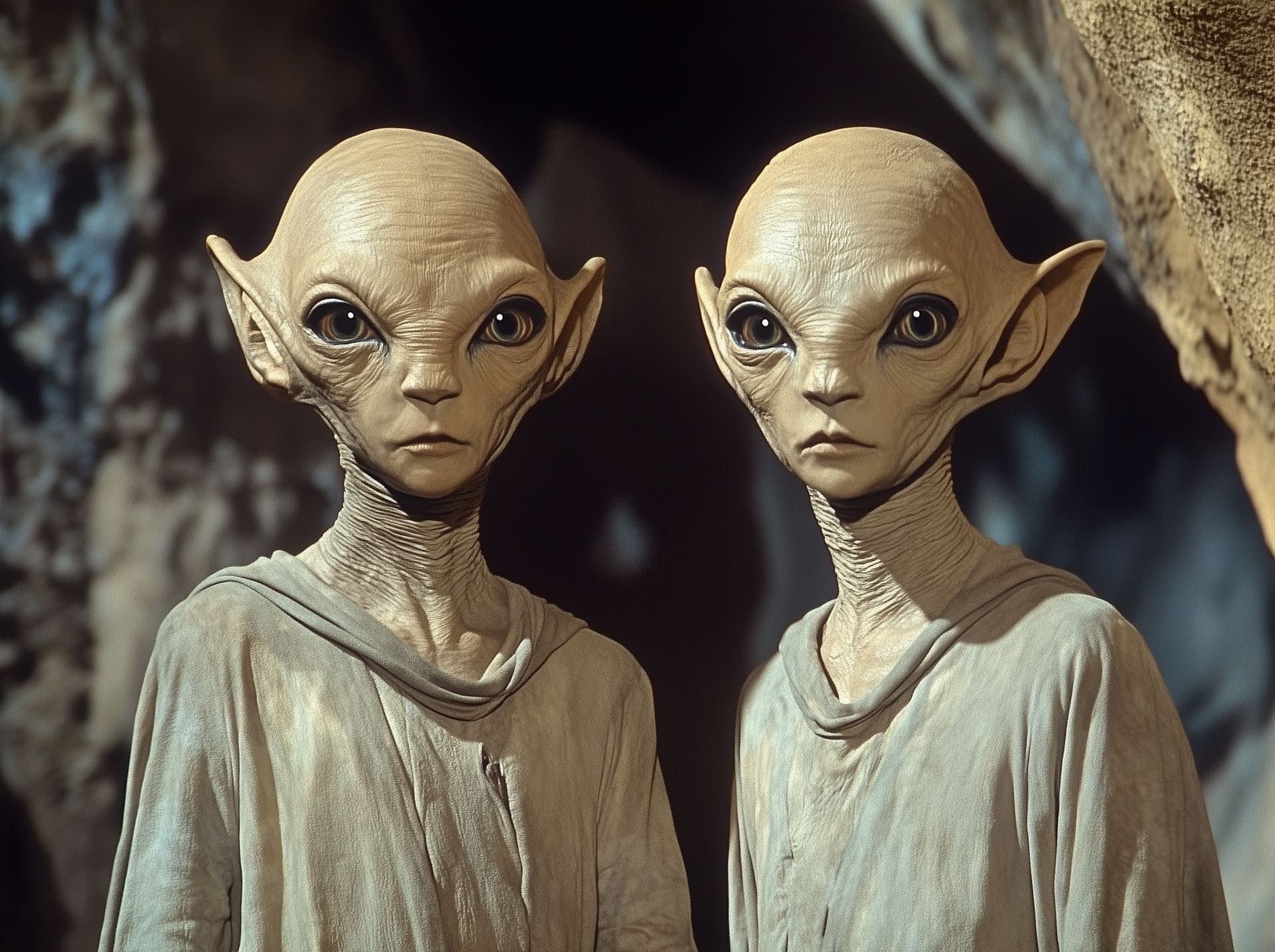 AI generated: **A still from the Star Trek TV series, featuring two alien humanoid twins in light gray robes, stan...