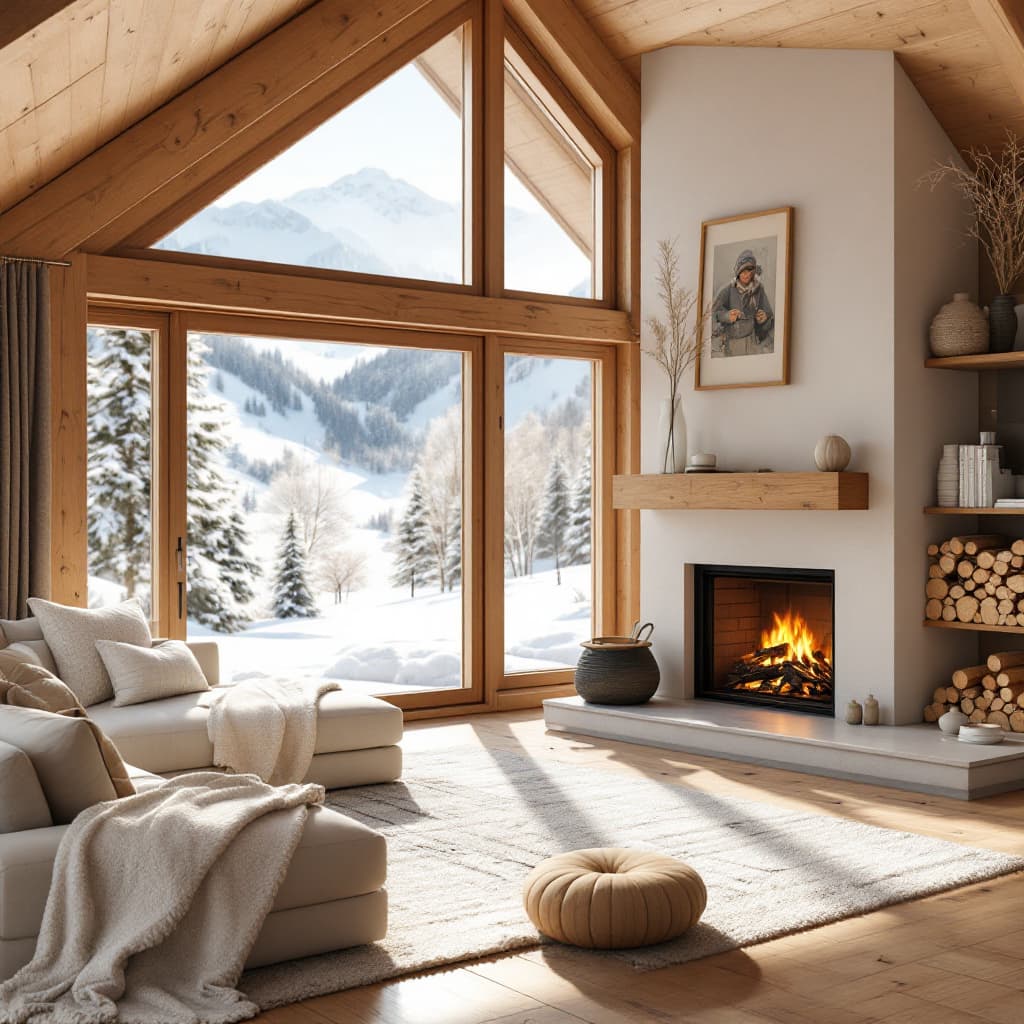 AI generated: a cozy living room in a wooden chalet, big fireplace, stacked firewood, big window with views of ski...